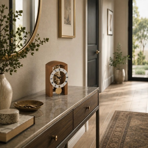 Hermle design-tafelklok Boston – kersenhout, mechanisch skeletwerk
