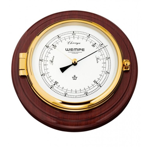 Wempe SKIPPER Barometer Op Mahoniehouten Wandplaat Messing - 210 x 50 mm