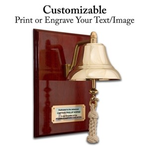 Weems & Plath Scheepsbel 152 mm op Mahonie Plaquette met Graveerplaat 2