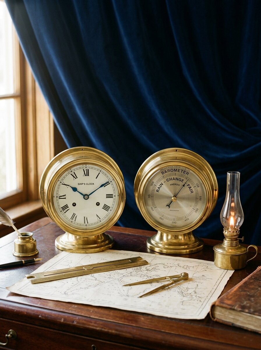 Messing scheepsklok en barometer op een kapiteinsbureau